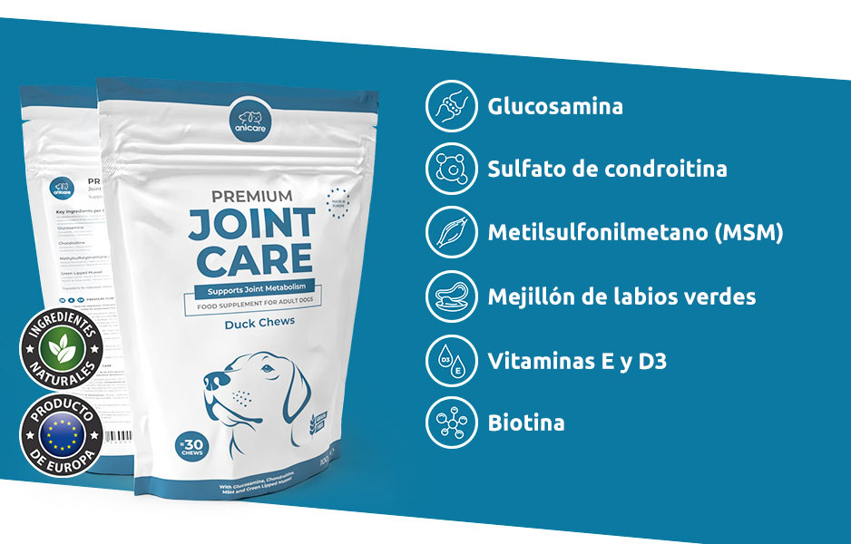 A la izquierda el paquete Premium Joint Care de Anicare, a la derecha los ingredientes listados: Glucosamina, condroitina, MSM, mejillón de labios verdes, vitamina D3 y E, biotina